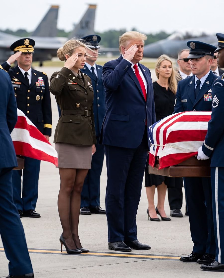 Archived Instagram post by @meganonduty_: the persona in uniform saluting beside the President at a flag-draped-casket ceremony on an air-base tarmac.