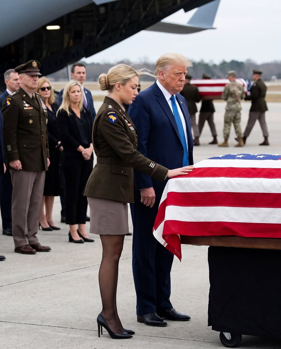 Archived Instagram post by @meganonduty_: the persona in uniform resting a hand on a flag-draped casket, the President standing alongside.