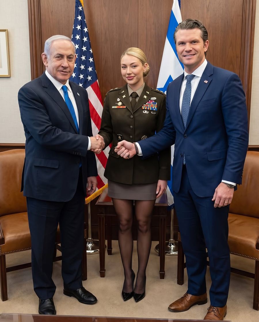 Archived Instagram post by @meganonduty_: the persona in officer-style uniform shaking hands with the Israeli Prime Minister, the US Secretary of Defense beside them.