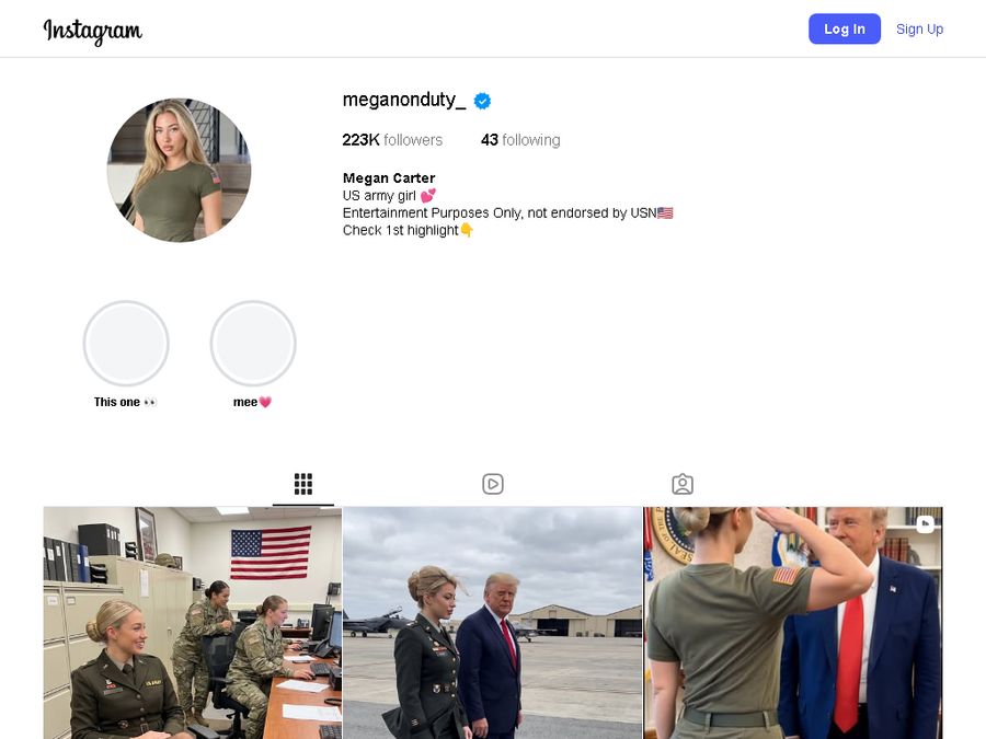 archive.today capture of the @meganonduty_ Instagram profile from August 5, 2026, showing the Meta Verified badge, 223K followers, 43 following, the account bio, and the top of the post grid.